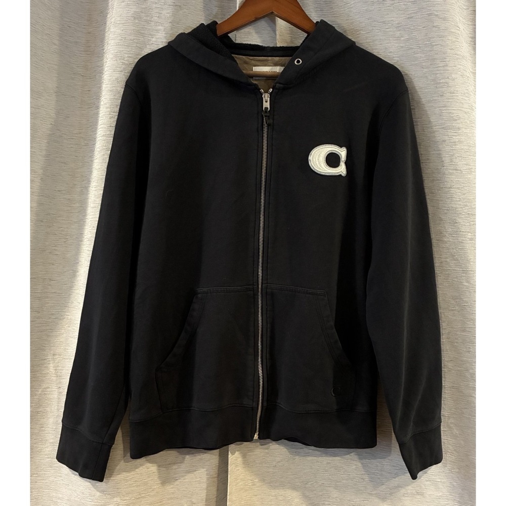 Coach Hoodie Mens Medium Black Full Zip Fleece Logo Leather Trim Jacket F68810